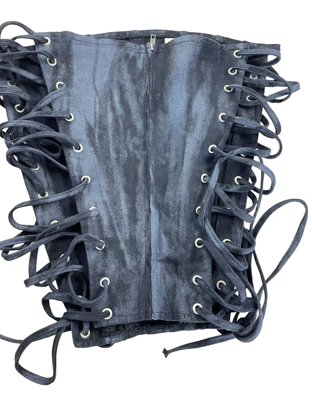 London Crew Black Washed Denim Corset Top Women’s UK Size 8 Side Laced Strapless