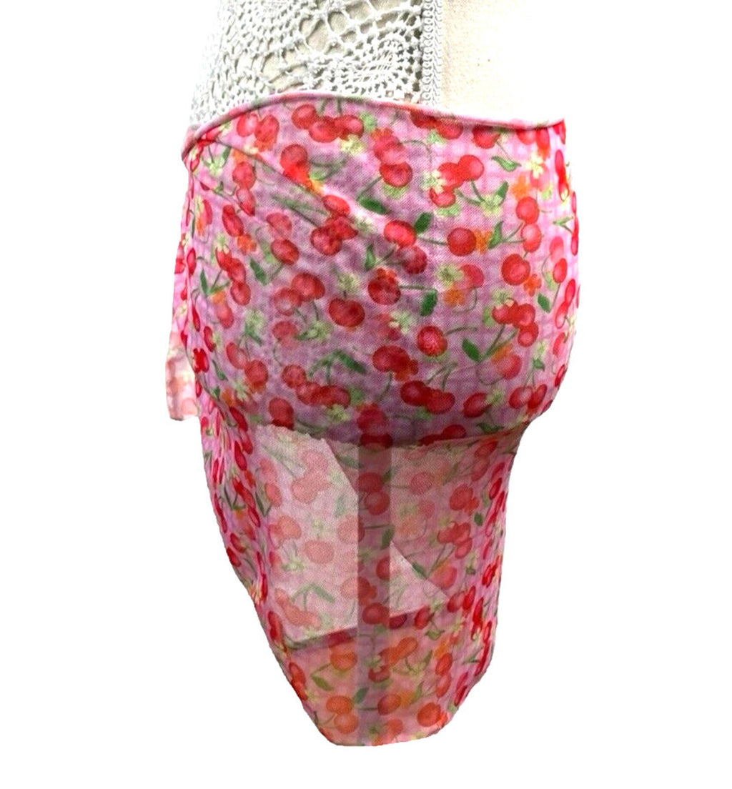 Cherry Print Sarong Women’s UK Size S Pink Tie Side Mini Cover Up Summer Beach
