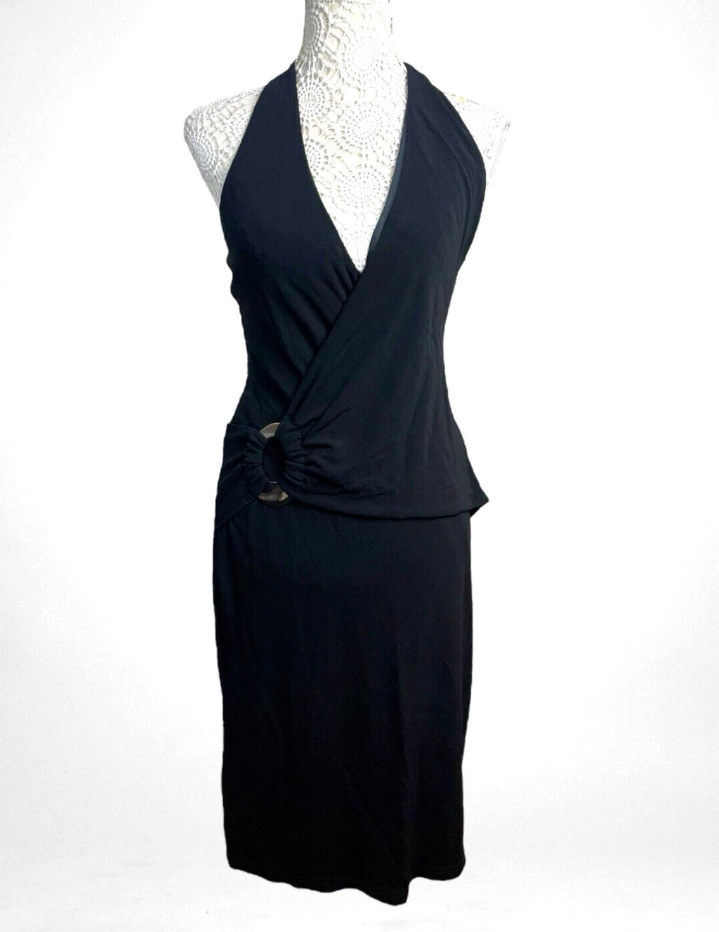 Karen Millen Black Midi Dress D-Ring Design Halterneck Women’s UK Size 12