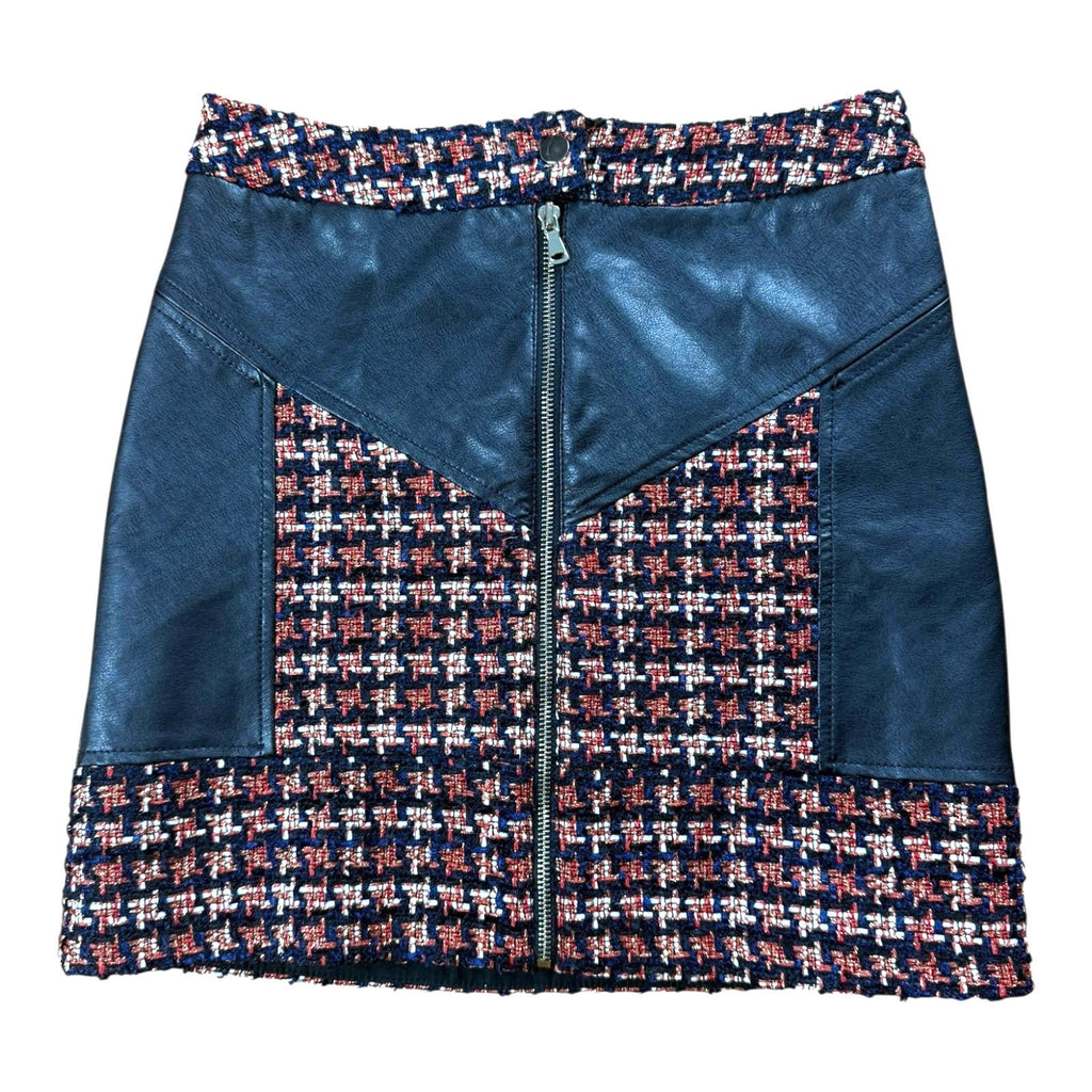 River Island Tweed A - Line Mini Skirt Faux Leather High Waist Women’s UK Size 8