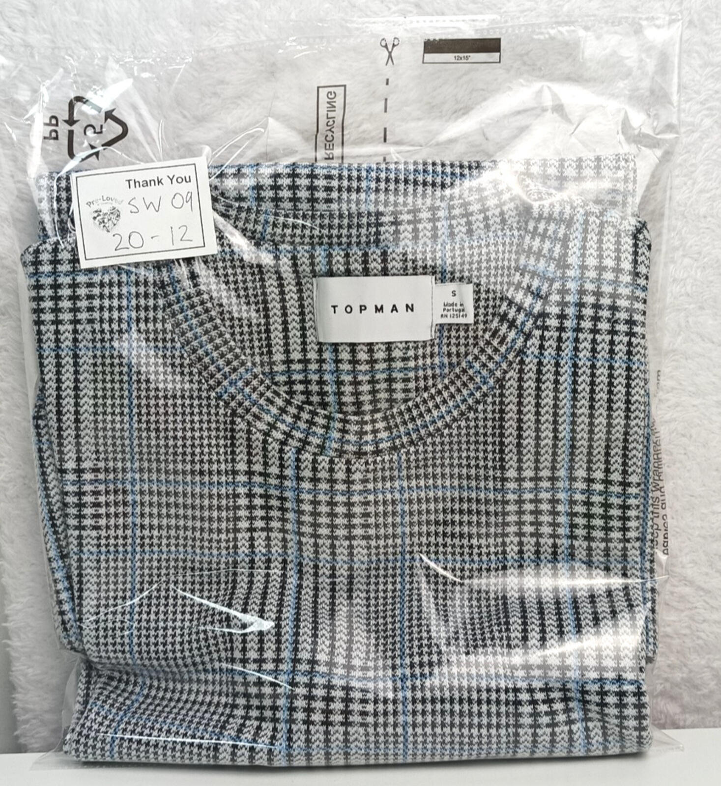 Topman Check T-Shirt Men's UK Size S Grey Crew Neck Gingham Easy Care