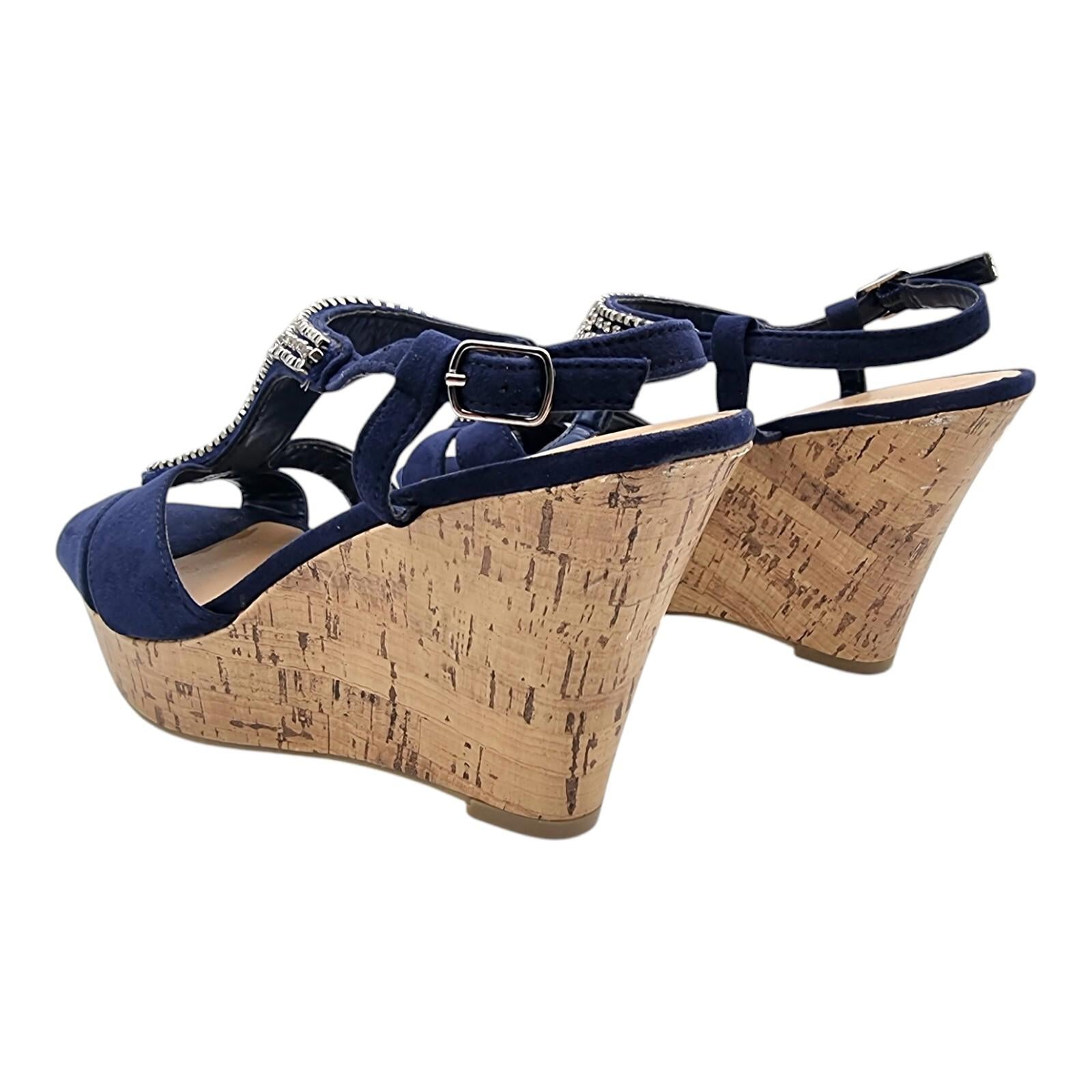 New Look Blue Suedette Wedge Sandals Embelished Straps Women's UK Size 6