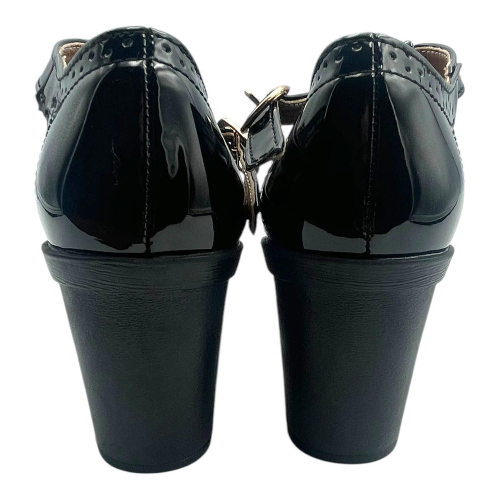 Black Patent Leather Block Heel Shoes T Bar Clip Women’s UK Size 3.5