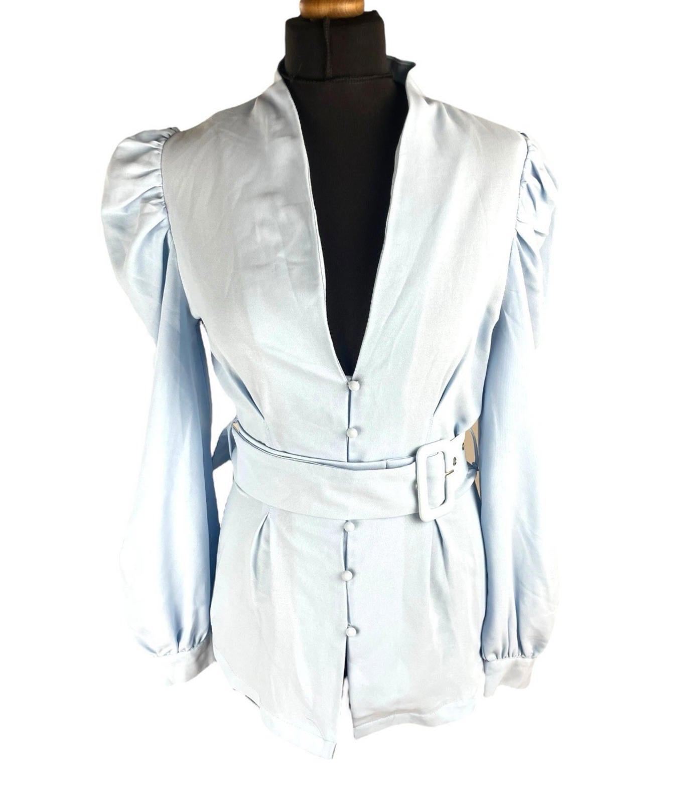 In The Style Blouse Women's UK Size 10 Belted Waist Puff Shoulder Sleeves Plunge