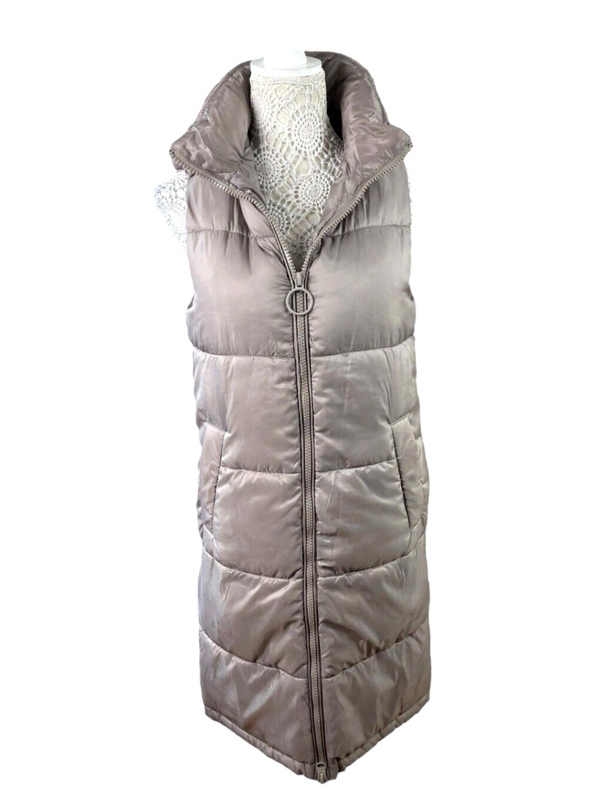 Pull & Bear Long Padded Gilet Women's UK Size XS Grey Hooded Sleeveless Puffer