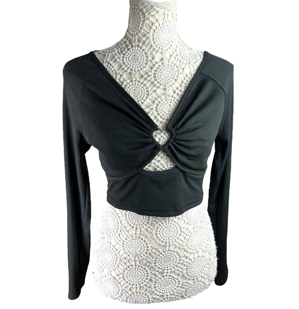 Shein Crop Top Women’s UK Size L Black Ribbed Long Sleeve V-Neck Heart Cutout