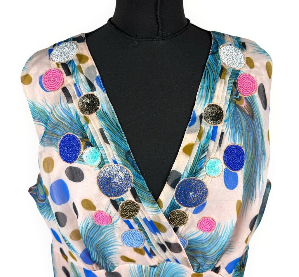 Marksharn Chiffon Party Dress Women’s UK Size 3XL Peacock Design Multicolour