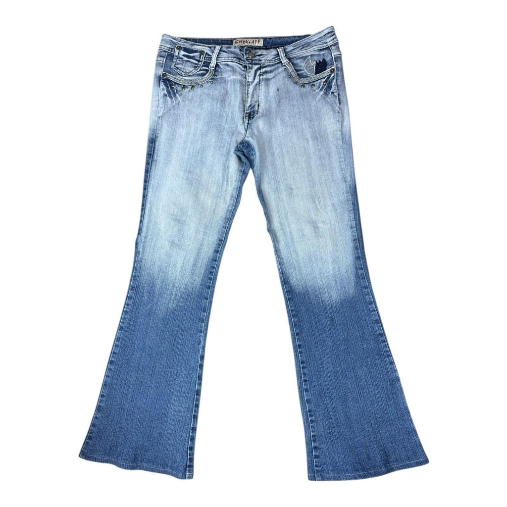 Choklate Faded Jeans Flared Women’s UK Size 18 Studded Vintage Look Blue Denim