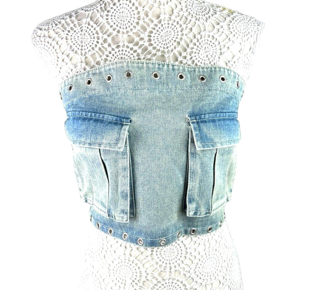 London Crew Light Wash Denim Crop Top Women’s UK Size 8 Blue Pockets Shirred