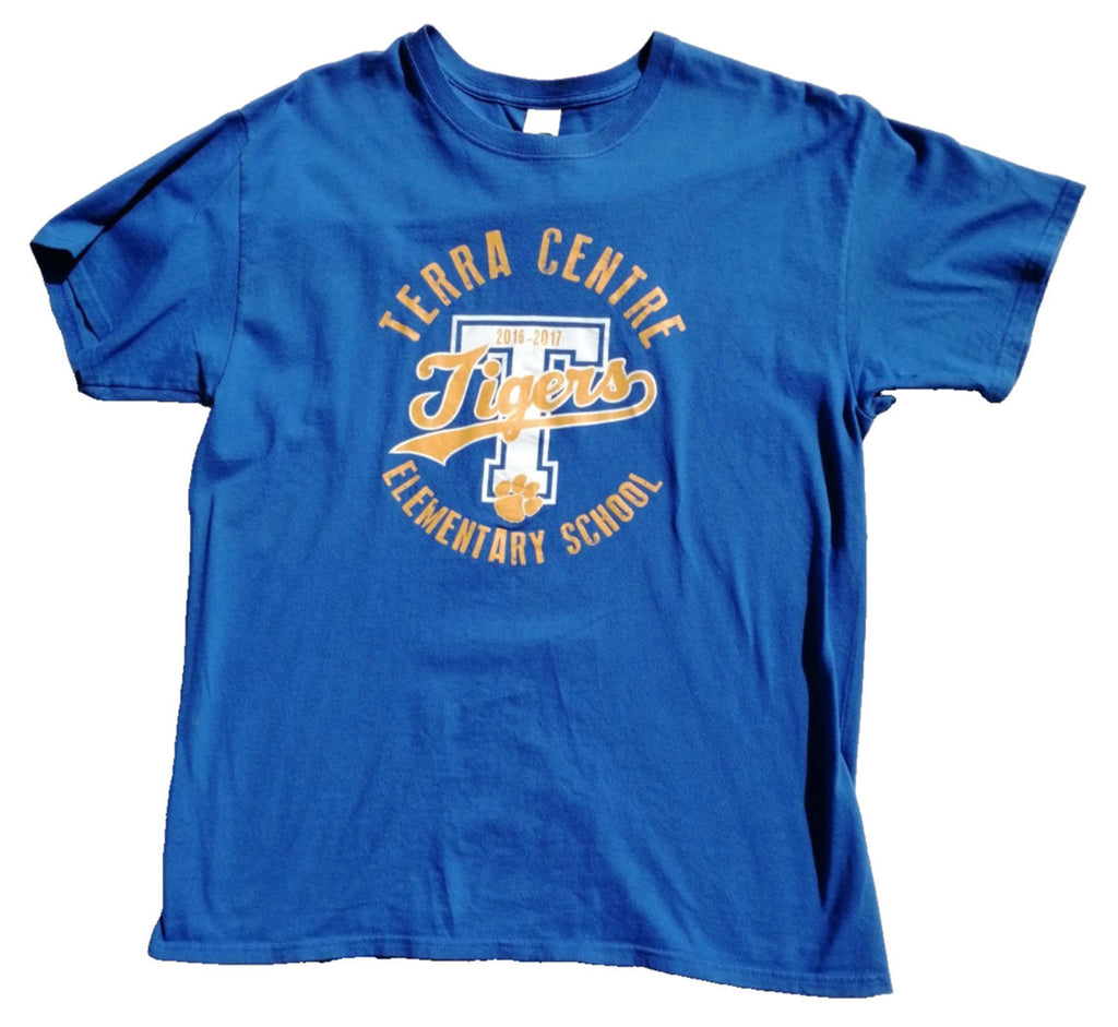 Elementary School Tigers Graphic Print T-Shirt Size L Blue Crew Neck 100% Cotton