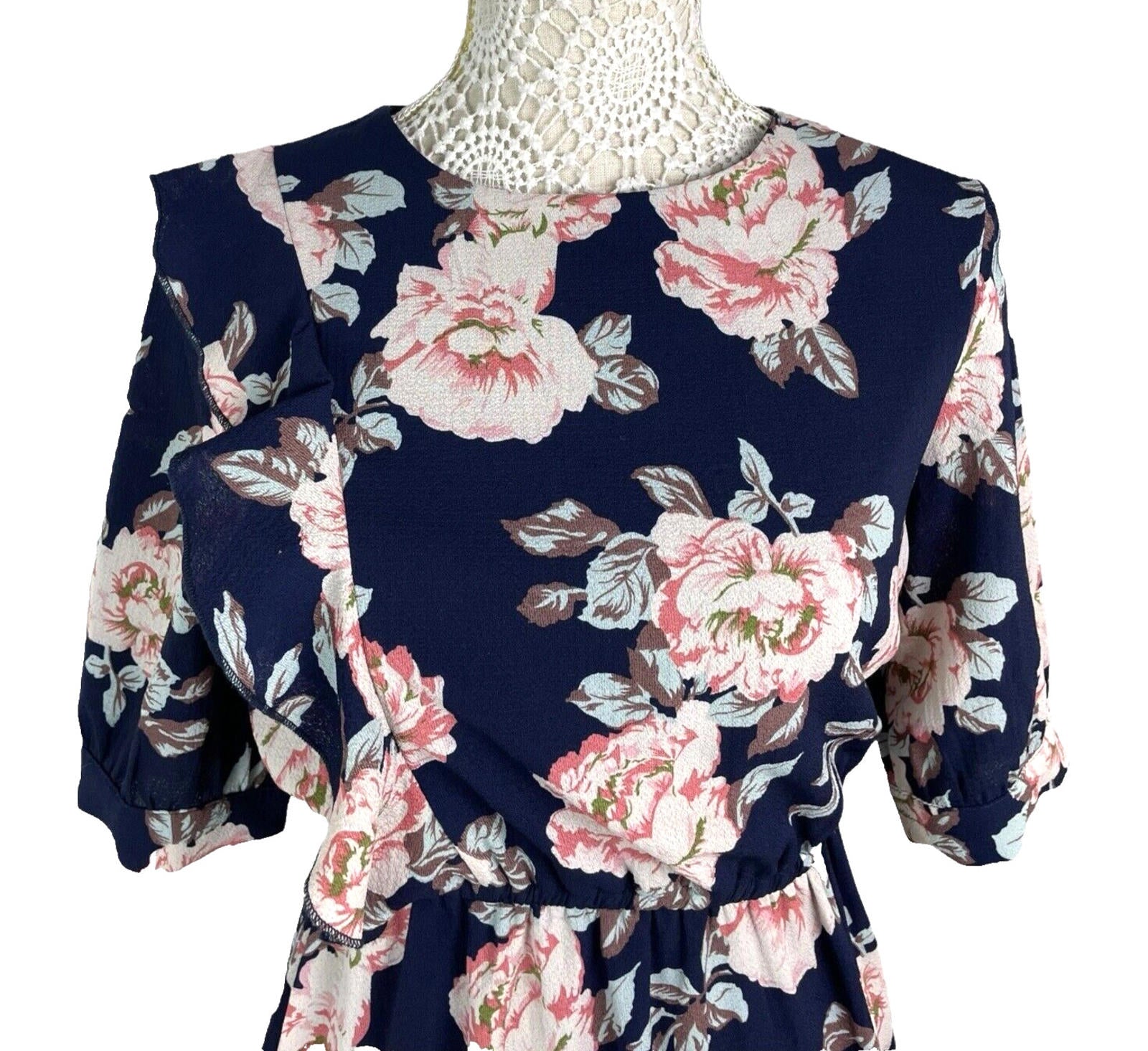 Urban Bliss Midi Dress Navy Floral High Neck Elastic Waist Women’s UK Size 10