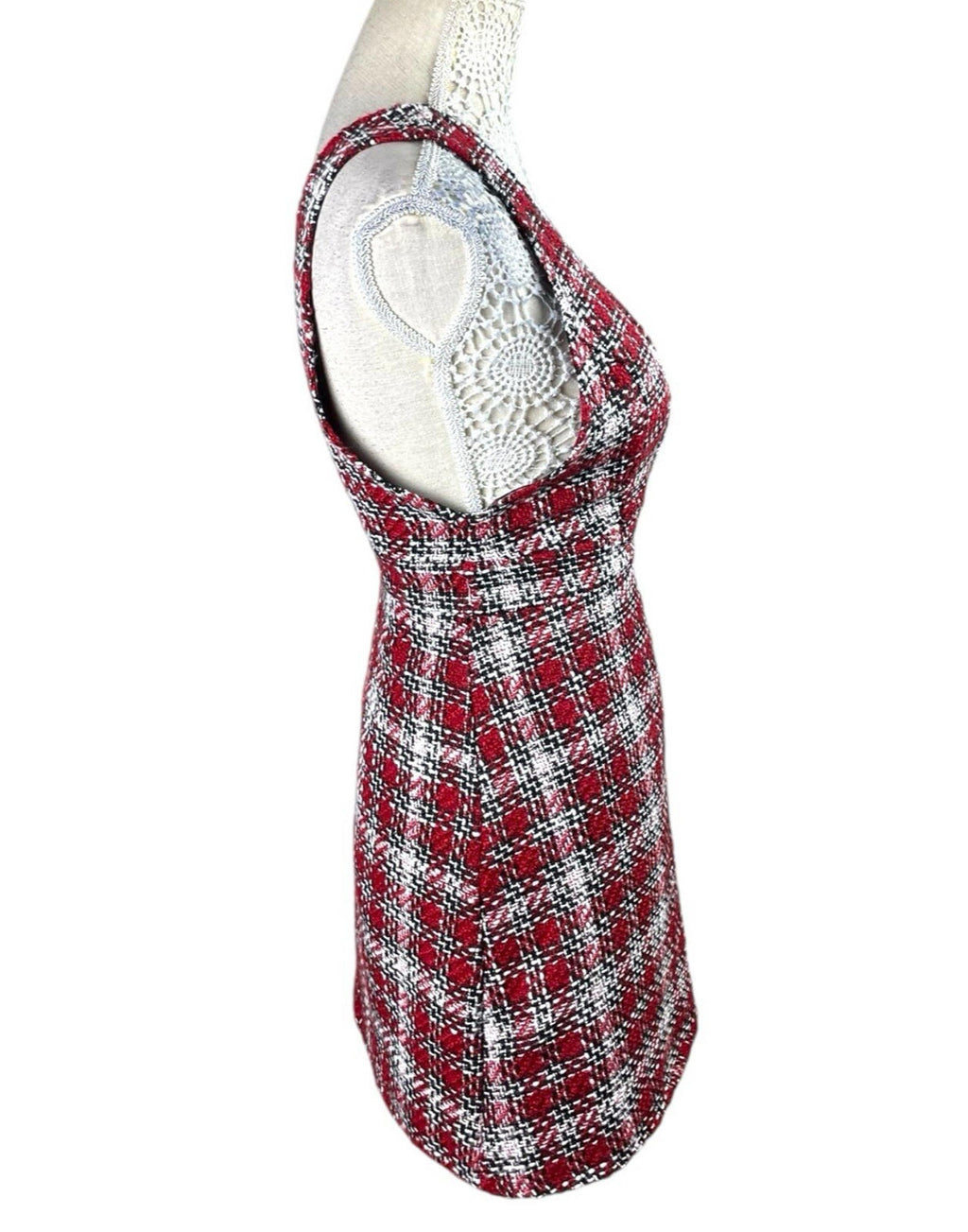 New Look Red Tartan Pinafore Mini Dress Women’s UK Size 8 Petite Boucle Tweed