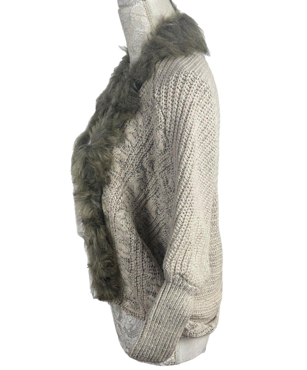 Faux Fur Trimmed Knit Cardigan Sweater Women's UK Size S