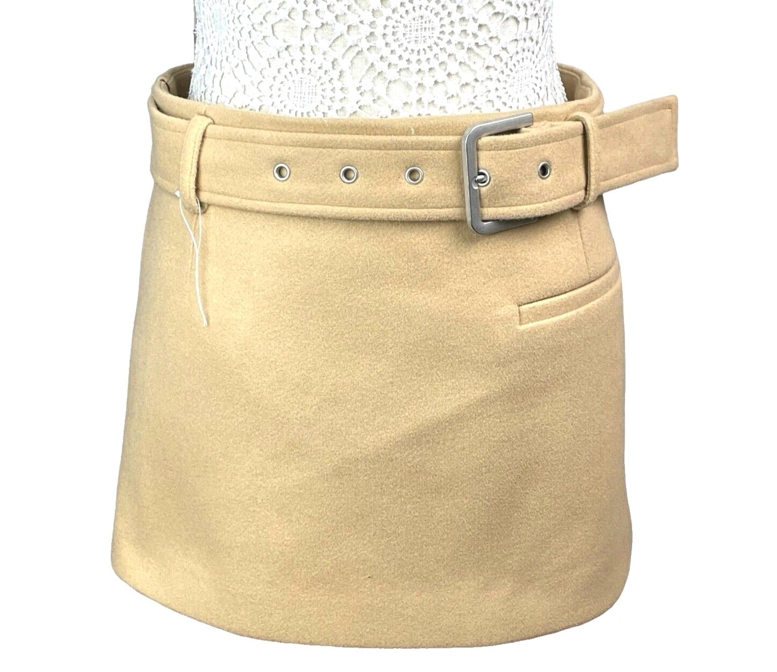 Nasty Gal Belted Mini Skirt Women’s UK Size 10 Beige Woolen Style A-Line Pockets