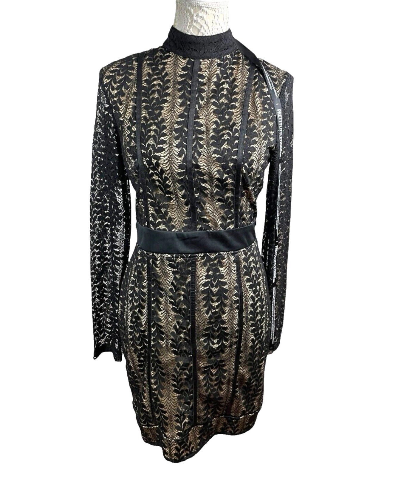 Pretty Little Thing Black Lace Mini Dress Long Sleeve Bodycon Women’s UK Size 12
