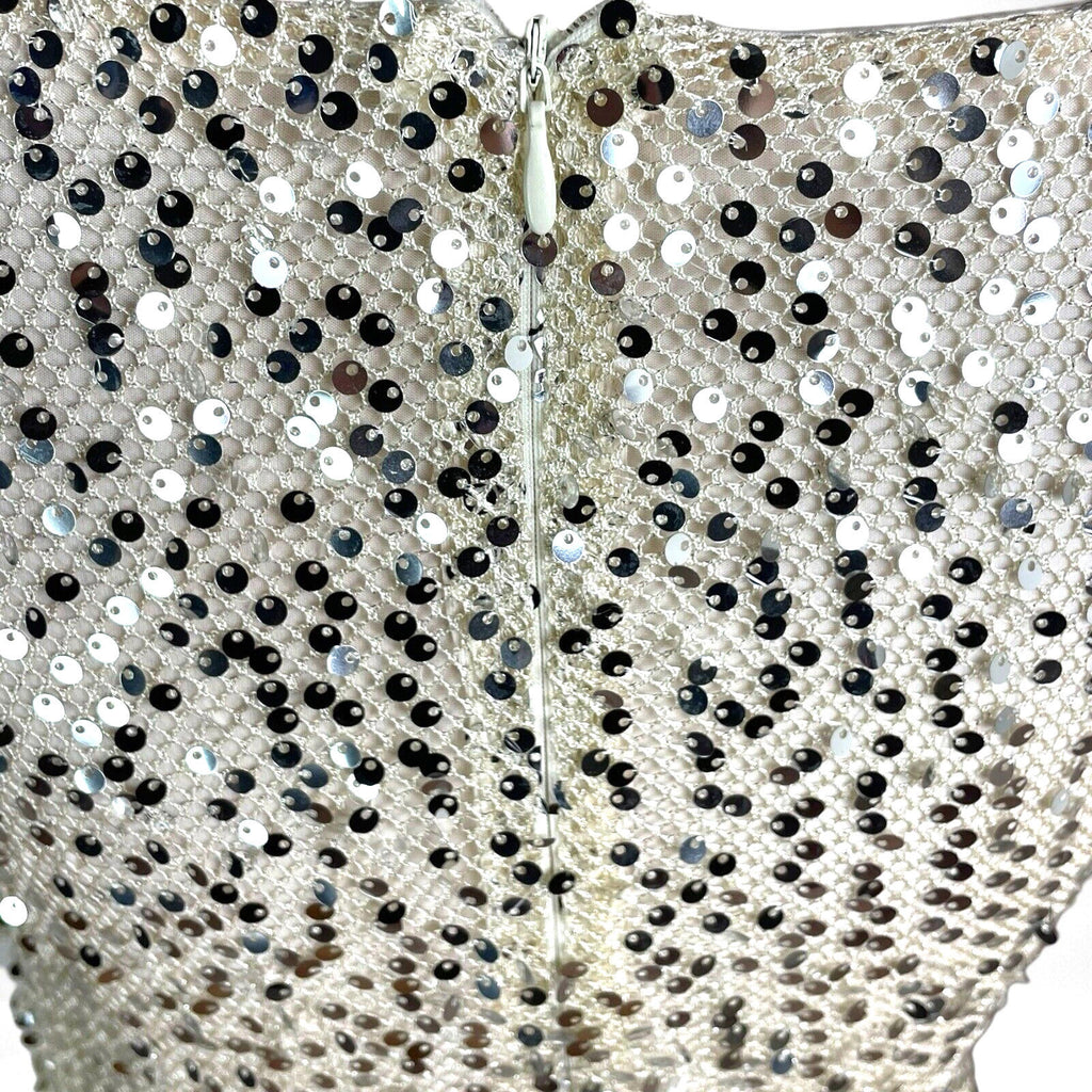 Silver Sequin Mini Dress Women’s UK Size 8 Long Sleeve Cowl Neckline Occasion