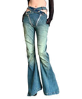 Flared Jeans Women's UK Size 8 Blue Denim Funky Double Zip Denim Distressed