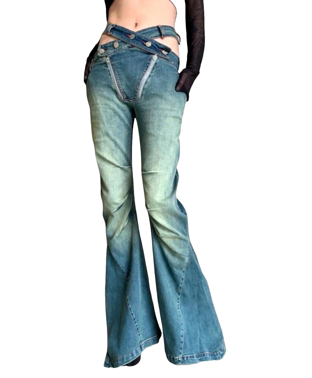 Flared Jeans Women's UK Size 8 Blue Denim Funky Double Zip Denim Distressed