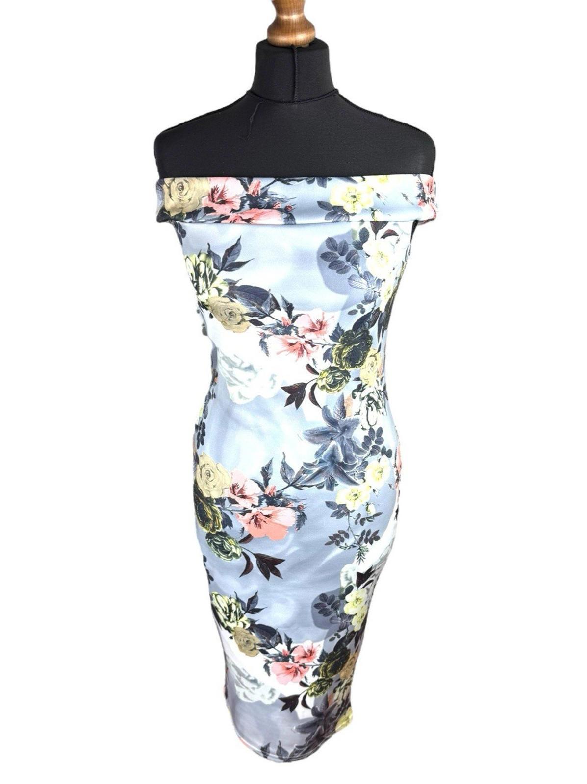 Boohoo Night Silver Floral Ocassion Dress Midi Off Shoulder Women’s UK Size 12