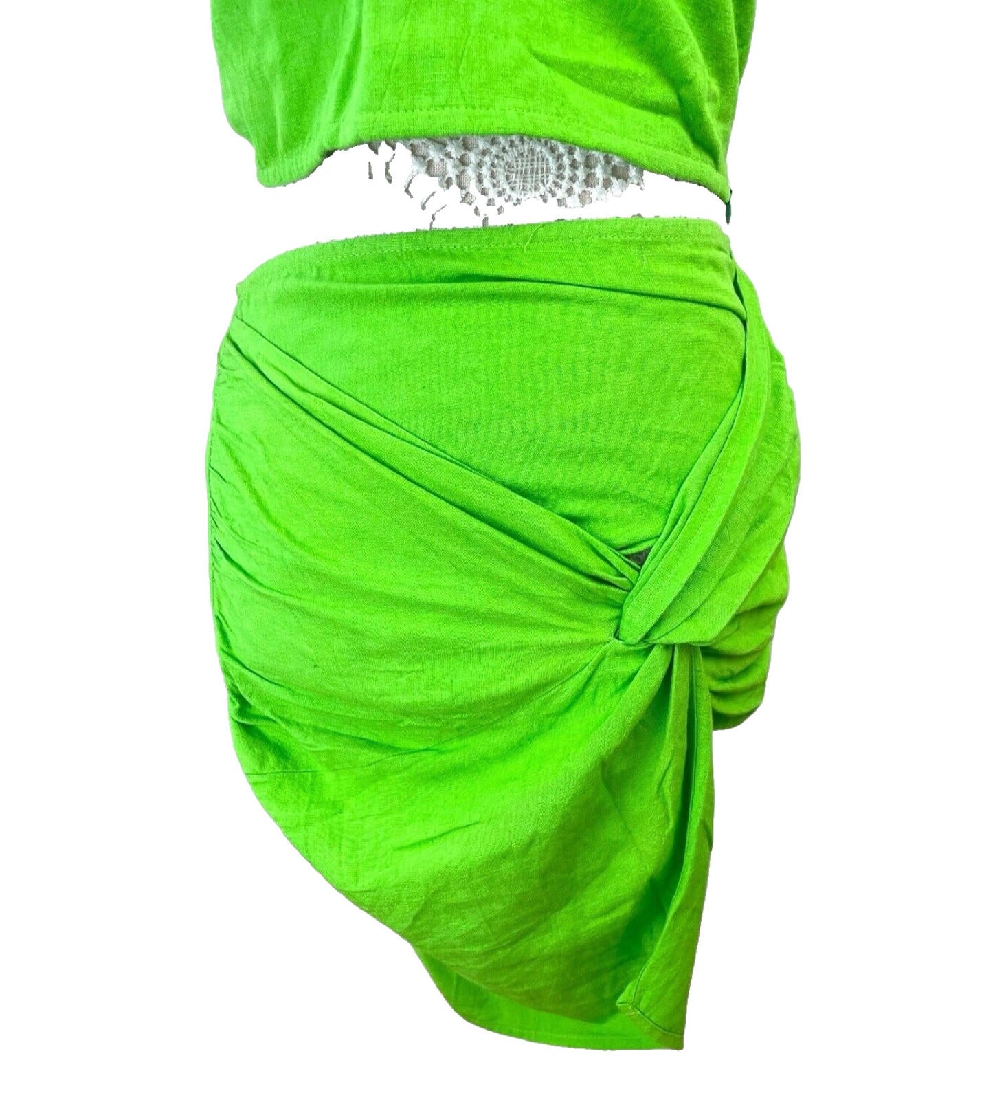 Ruched Skirt & Crop Top Set Women’s UK Size 8 Bright Green Sarong One Shoulder