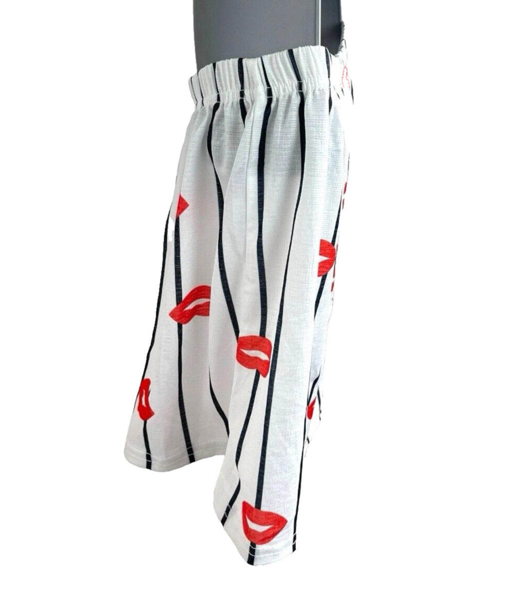 PLT Pajama Shorts Women’s UK Size 8 White Striped & Lip Print Elasticated Waist
