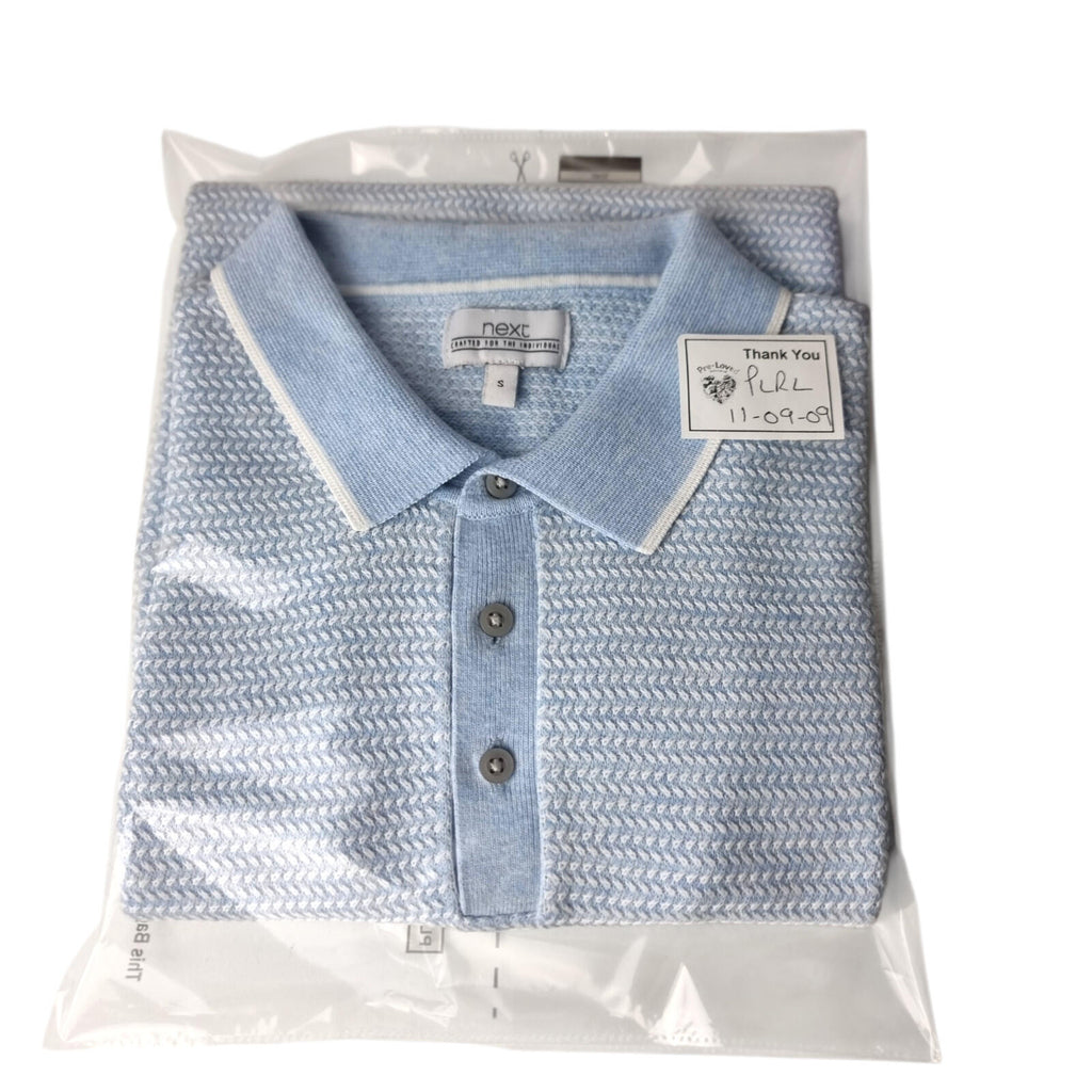 Next Knit Polo Shirt Men's UK Size S Textured Sky Blue Short Sleeve 100% Cotton