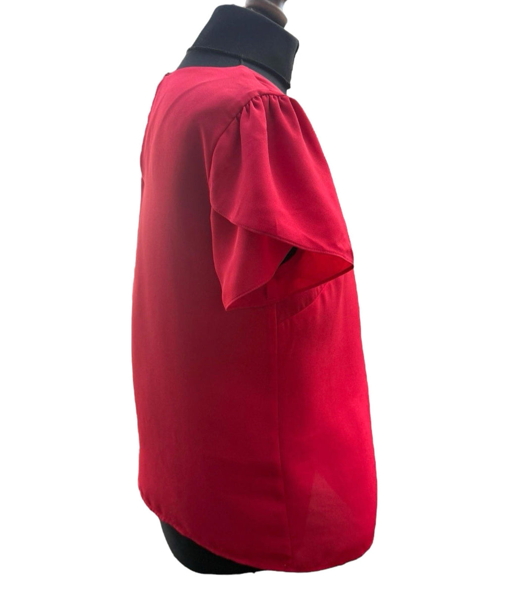 Oasis Bright Red Chiffon Top Short Frill Sleeve Round Neck Women’s UK Size 12