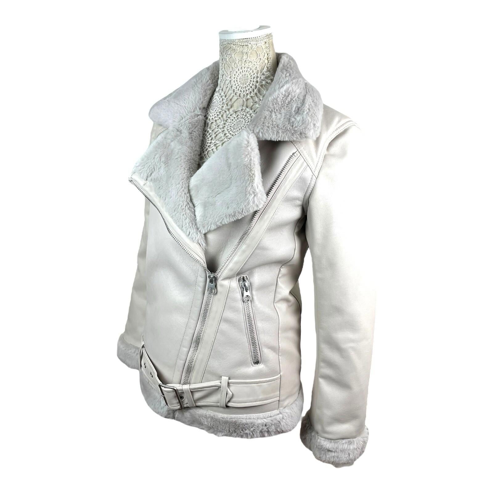 Divided Greige Faux Leather Jacket Fur Trim Collar Women’s UK Size XXS
