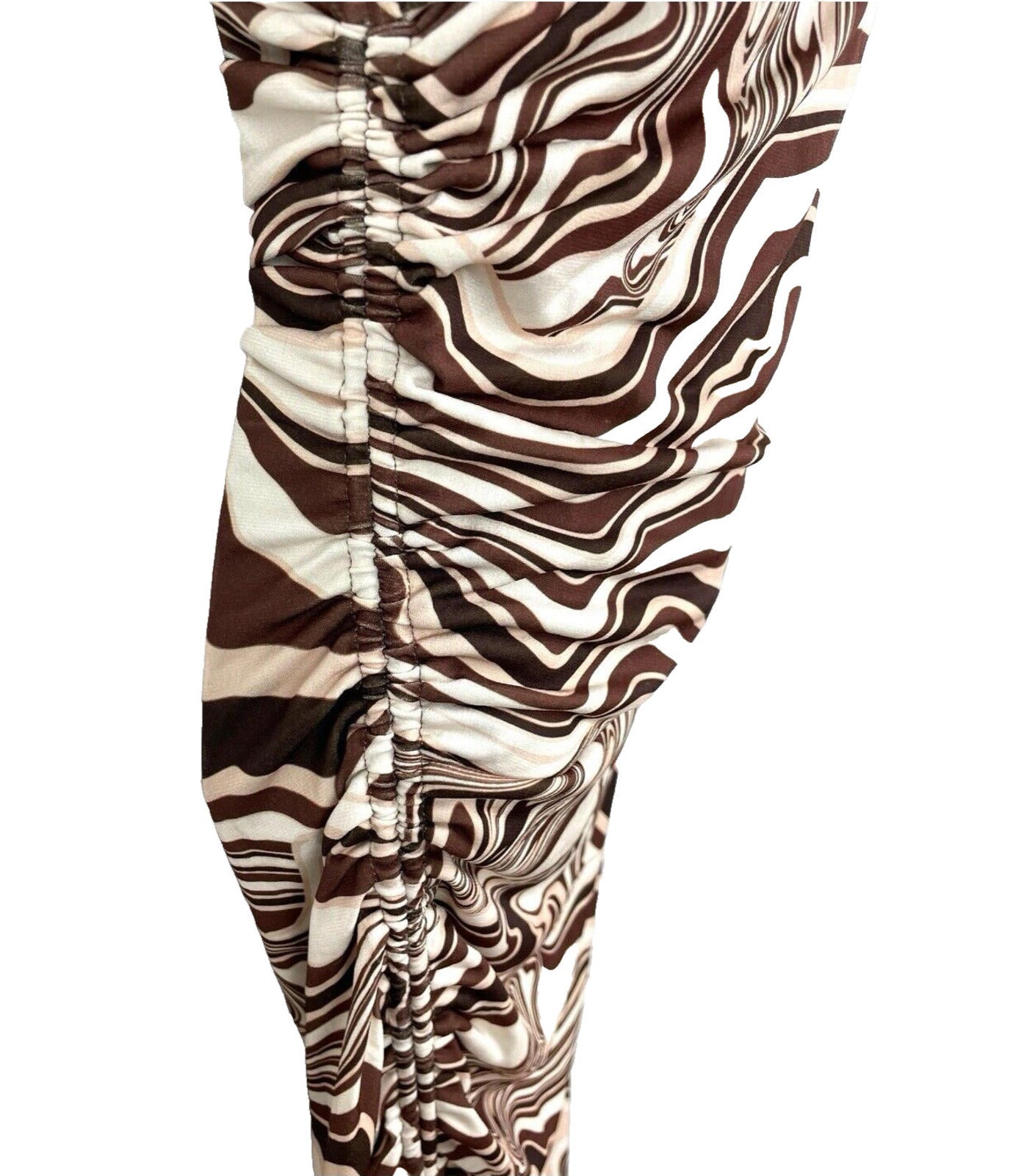 Bershka Maxi Dress Brown & Cream Ruched Side Slit Women’s UK Size XS