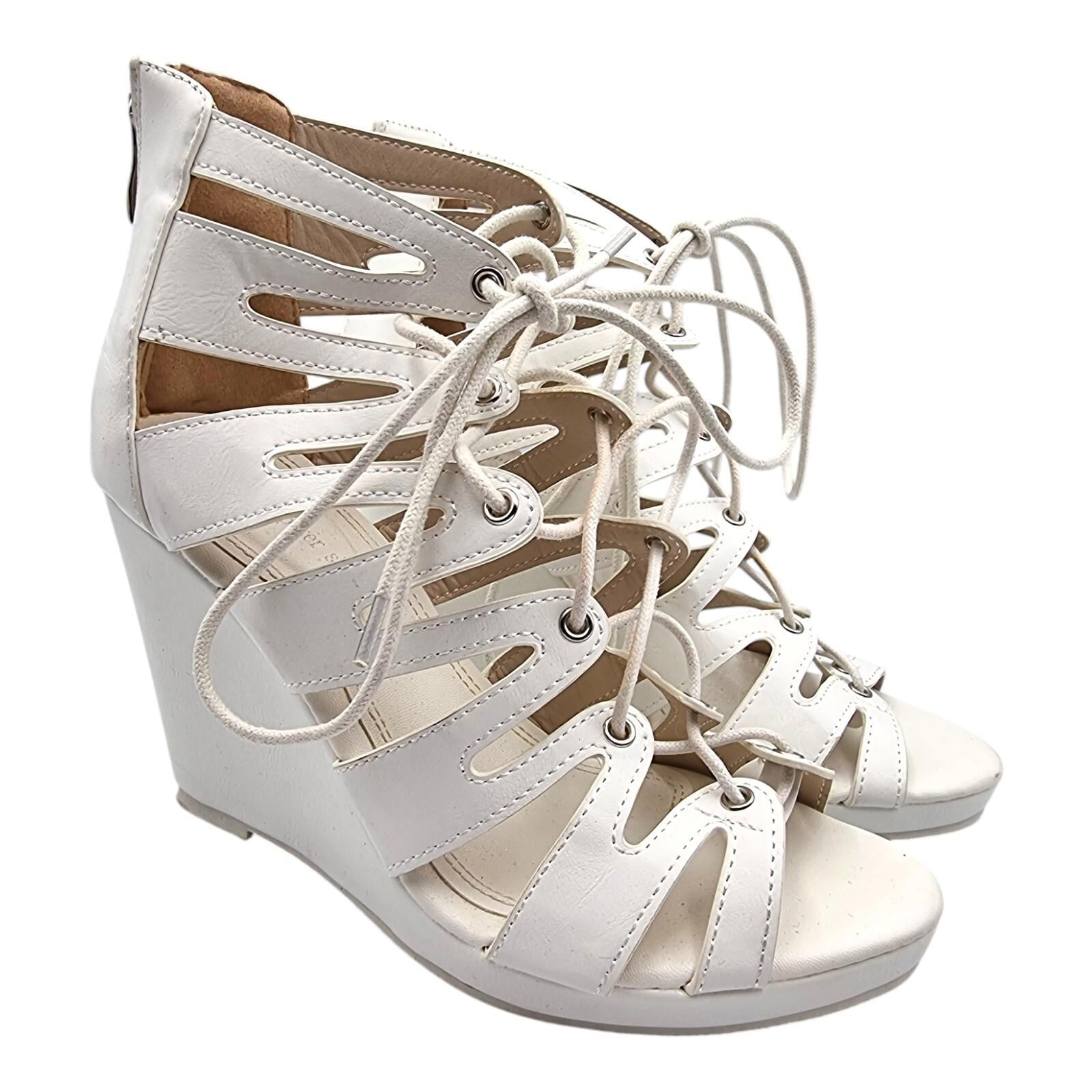 Aspirer Wedge Shoes Women's UK Size 7 Ankle Strap White Lace Up Faux Leather
