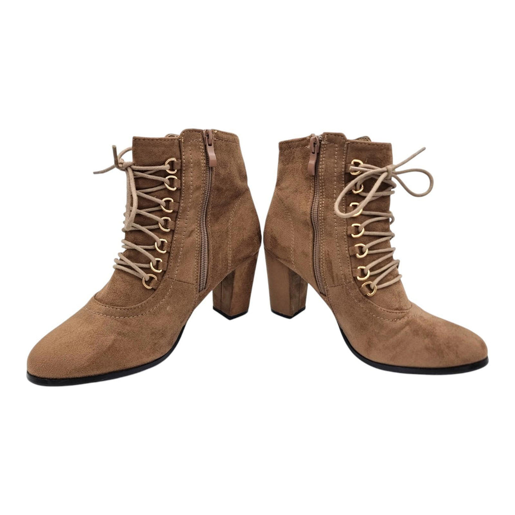 Laura Mode Beige Suede Lace Up Ankle Boots Women's UK Size 6.5 Block Heel Zip