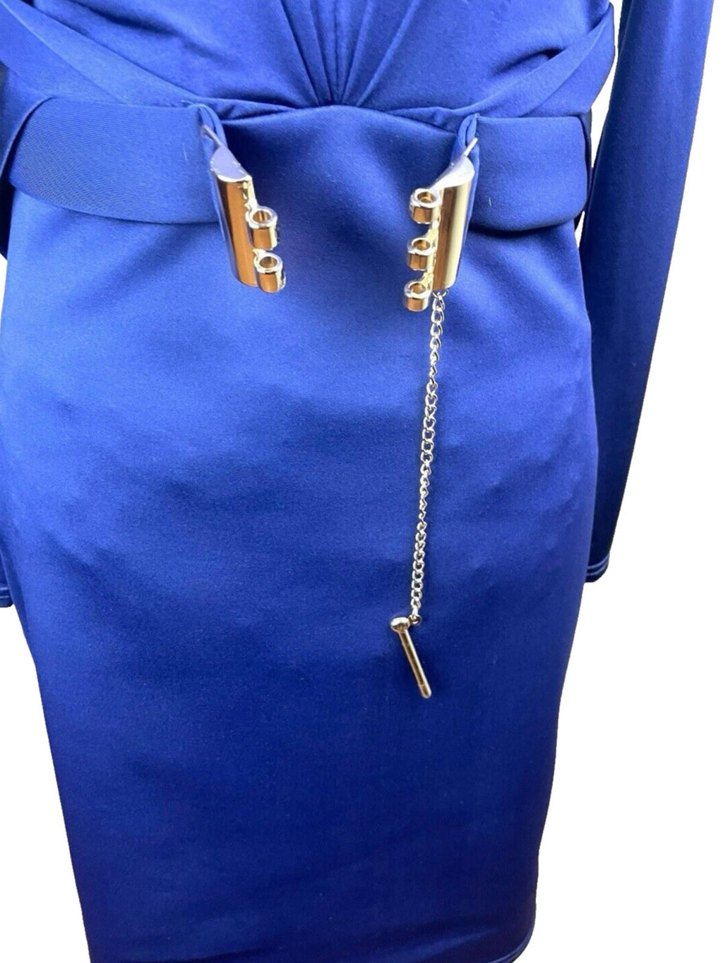 Lypsy Navy Blue Satin Midi Dress Belted Gold Buckle Women’s UK Size 12