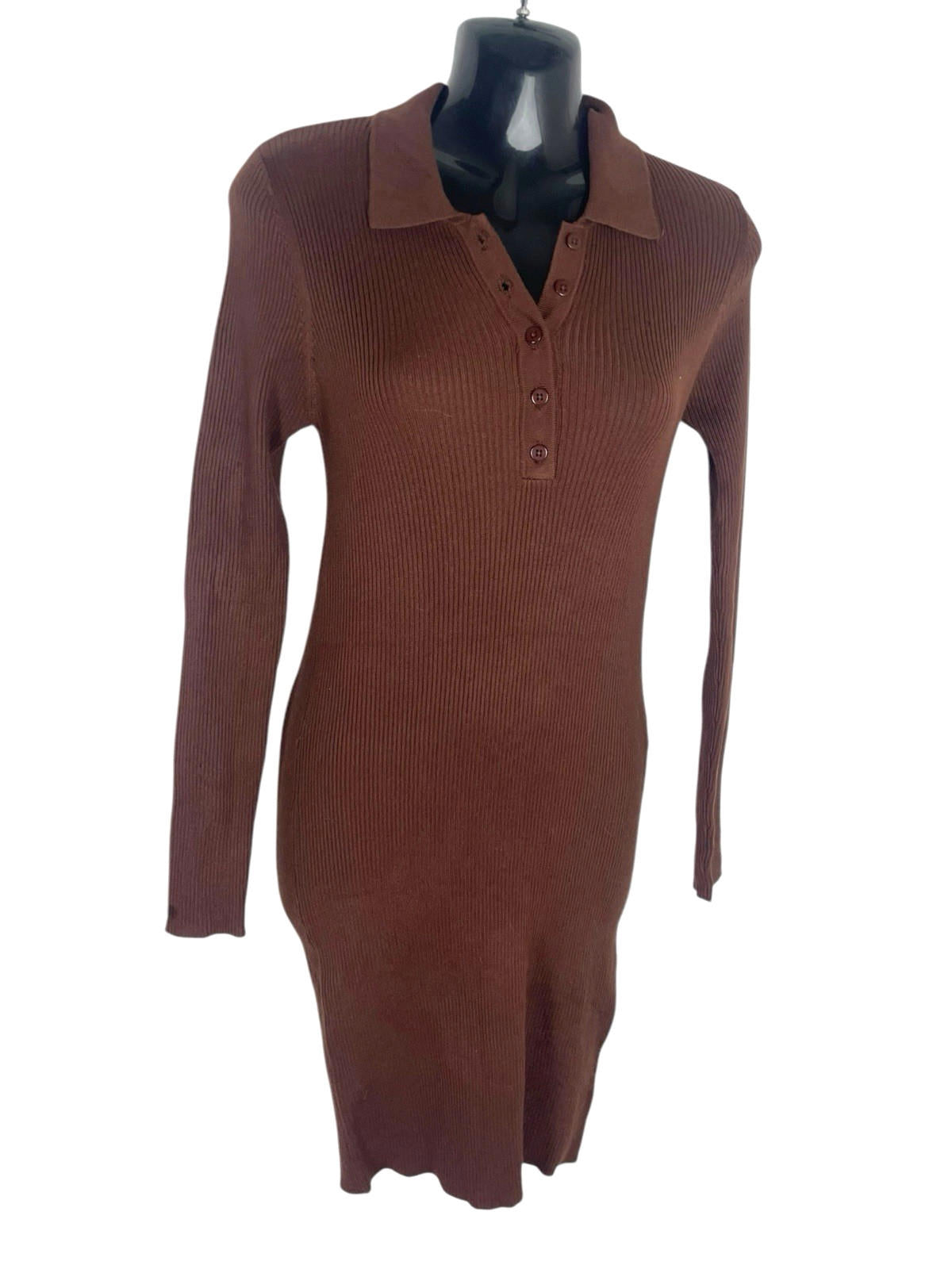 Stradivarius Rib-Knit Polo Dress Women’s UK Size XS Short Brown Long Sleeve