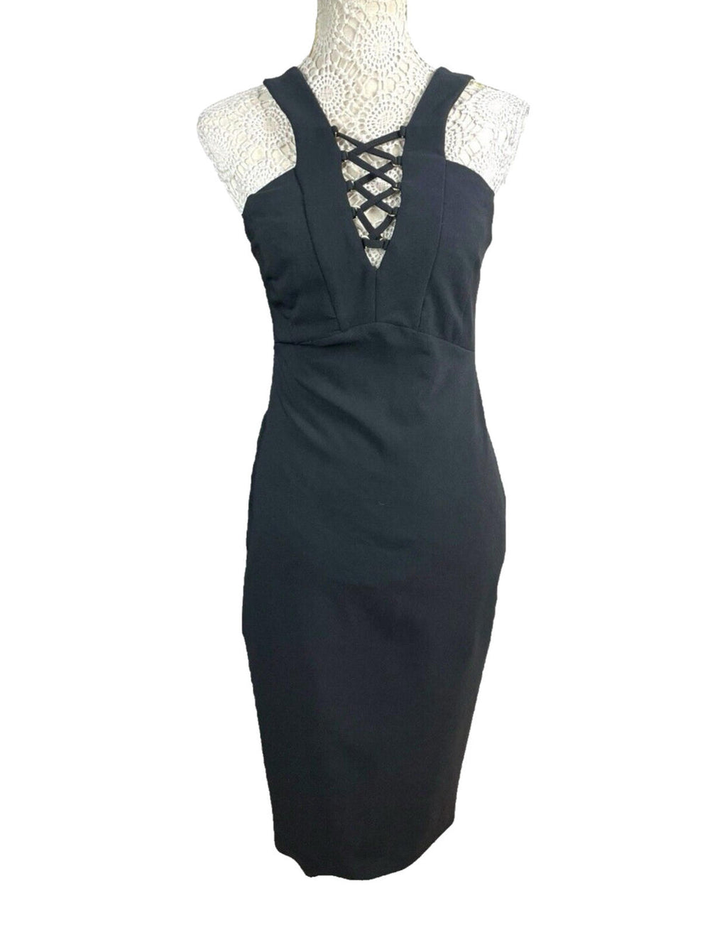River Island Black Midi Dress Criss Cross Neckline Women’s UK Size 12