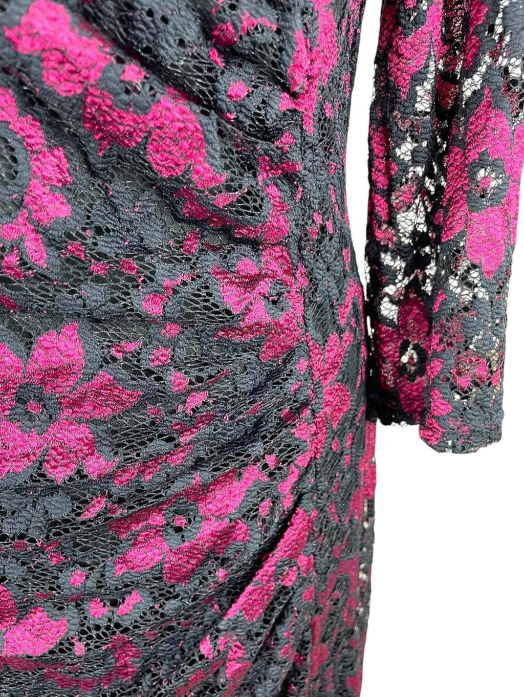 Roman Midi Dress Women’s UK Size 14 Pink & Black Floral Lace Long Sleeve Formal