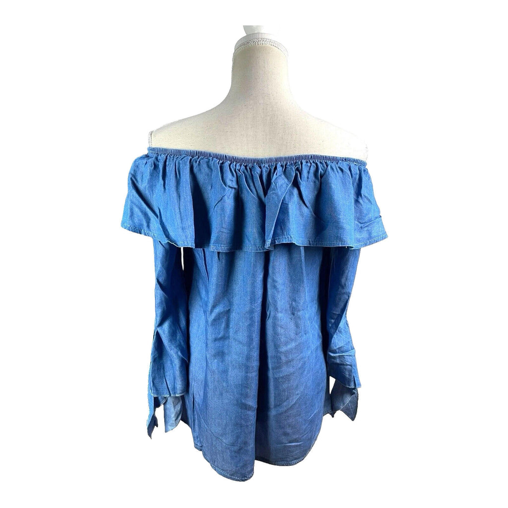 Quiz Off-Shoulder Blouse Women’s UK Size M-L Blue Denim Style Ruffle Long Sleeve