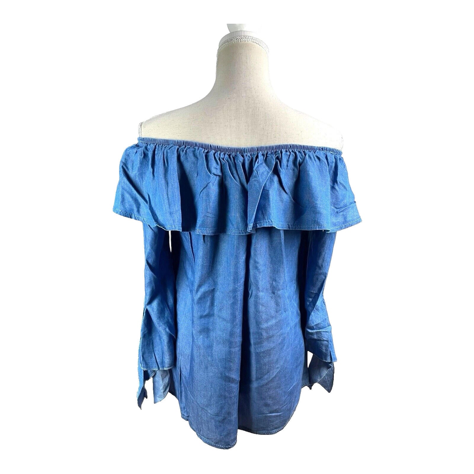 Quiz Off-Shoulder Blouse Women’s UK Size M-L Blue Denim Style Ruffle Long Sleeve