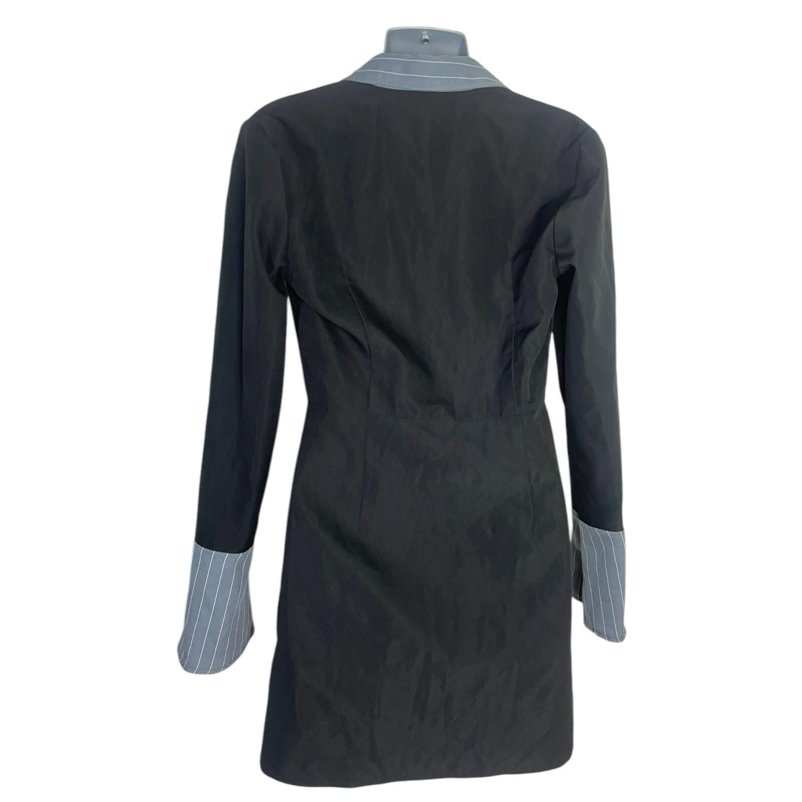 Mock Shirt Mini Dress Women’s UK Size 8 Black Grey Flared Cuffs Collared V-Neck