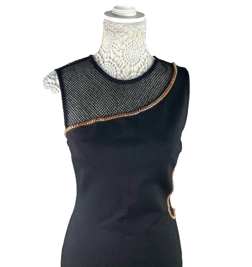 River Island Black Midi Dress Fishnet Panels Gold Studded Women’s UK Size 12