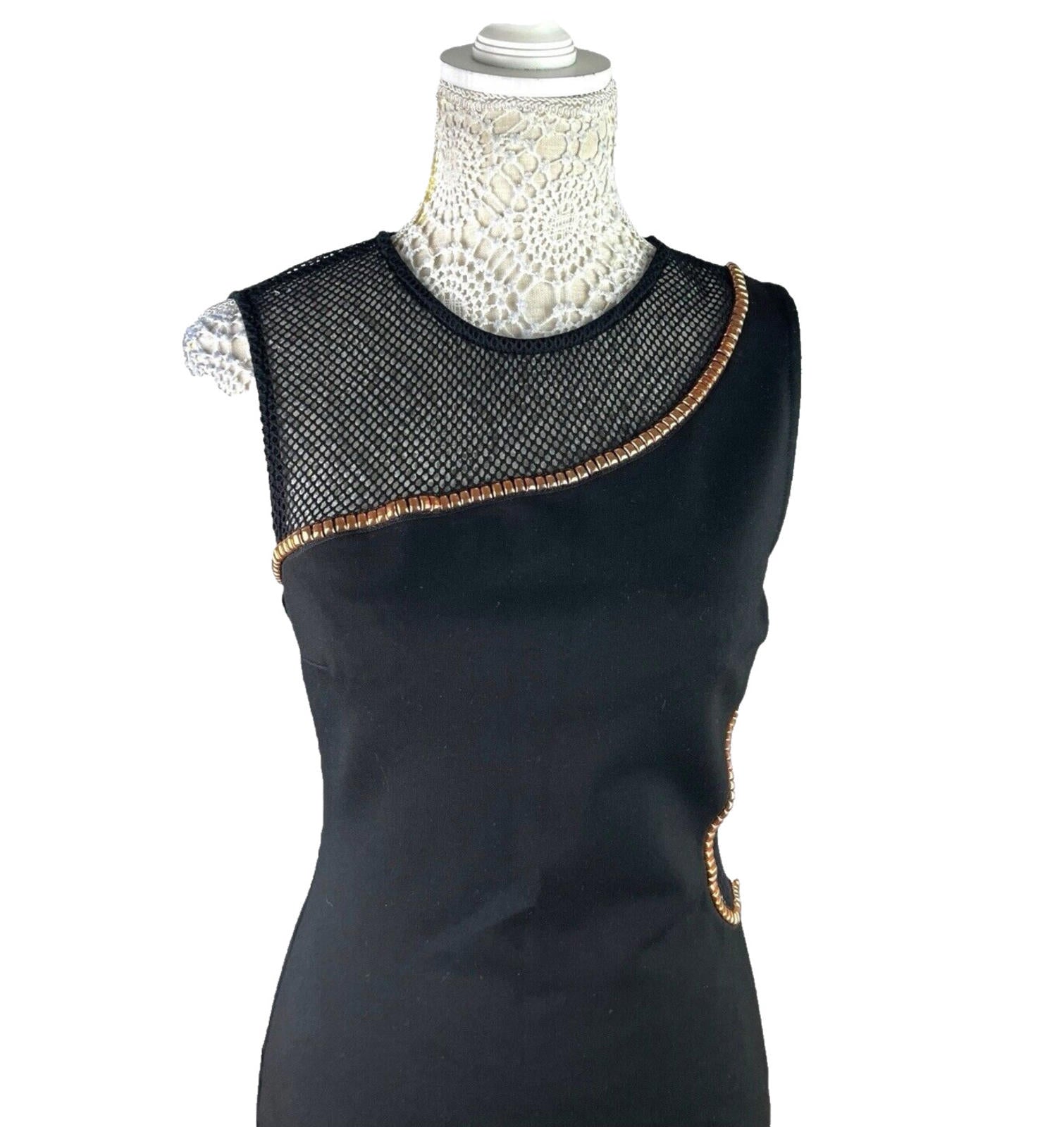 River Island Black Midi Dress Fishnet Panels Gold Studded Women’s UK Size 12