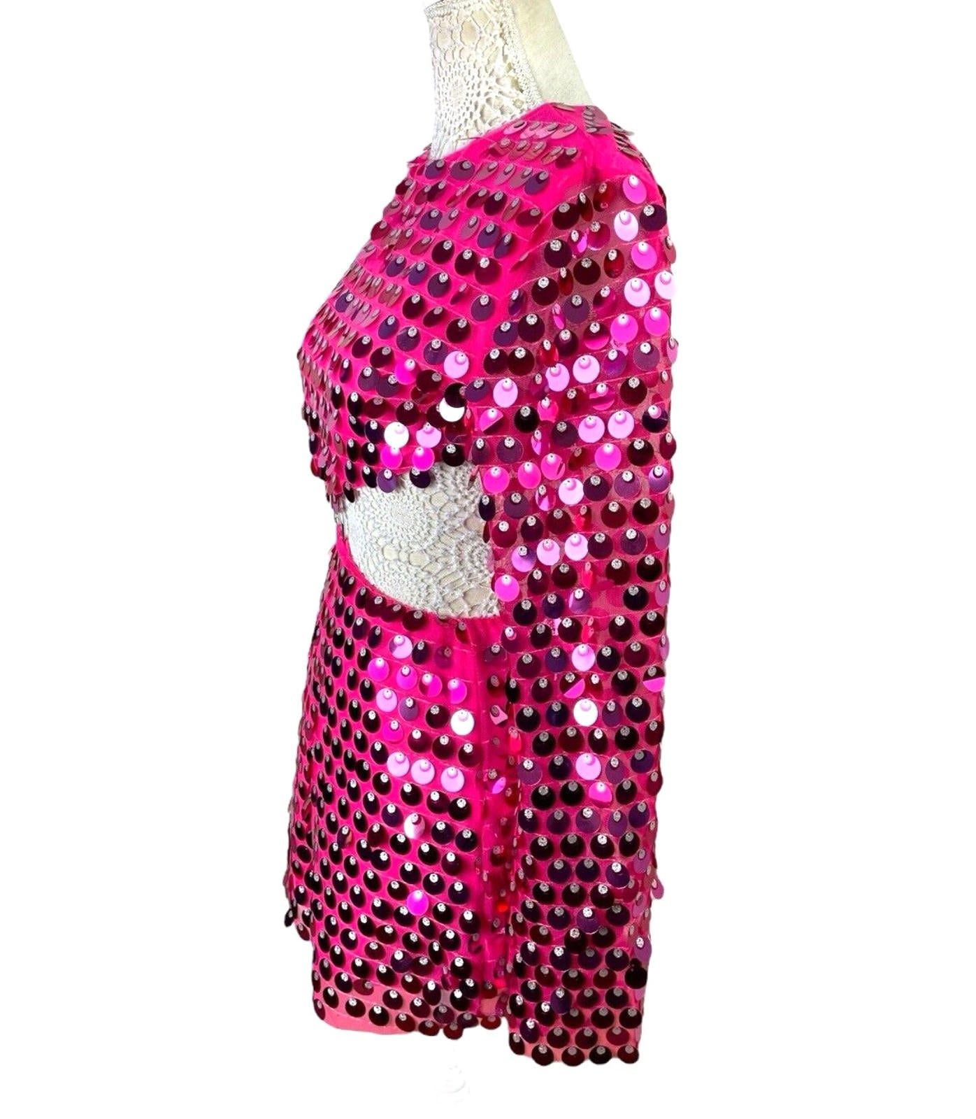 Bright Pink Big Sequin Cut Out Mini Dress Long Sheer Sleeve Women’s UK Size 8-10