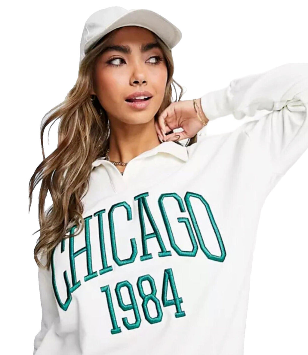 Stradivarius Over Sized Jersey Jumper Collared White Chicago Women's UK Size XS