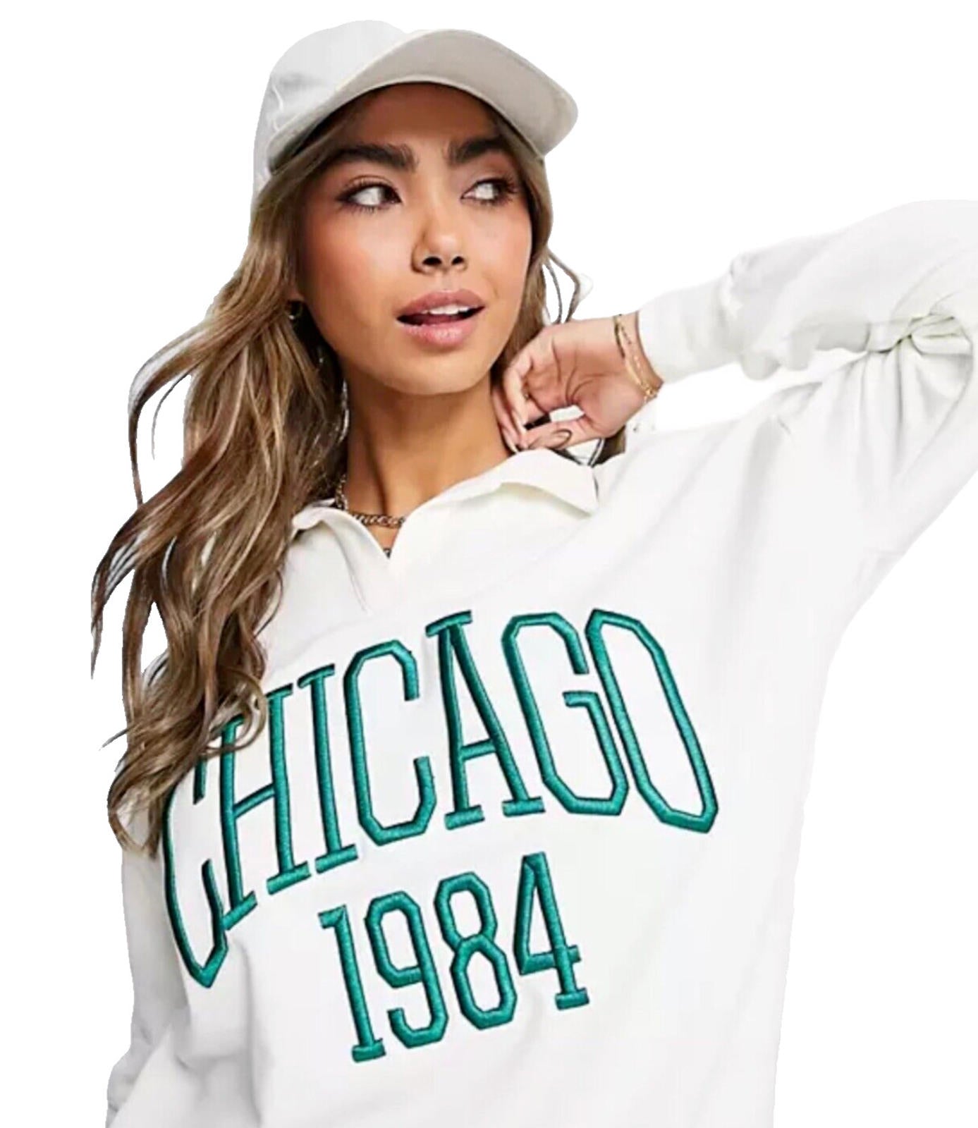 Stradivarius Over Sized Jersey Jumper Collared White Chicago Women's UK Size XS