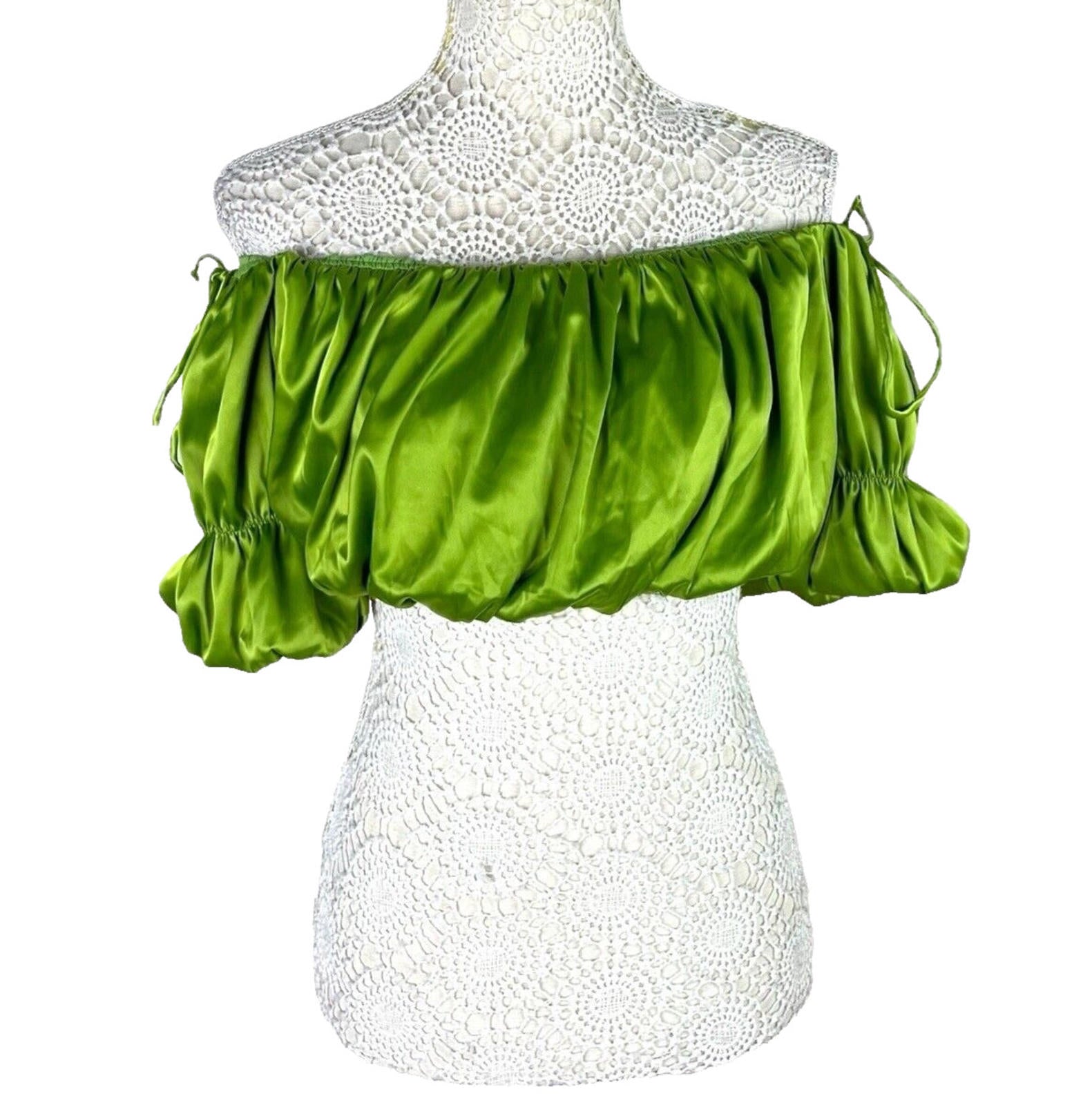 Pretty Little Thing Ruffle Satin Crop Top Green Off Shoulder Women’s UK Size 8