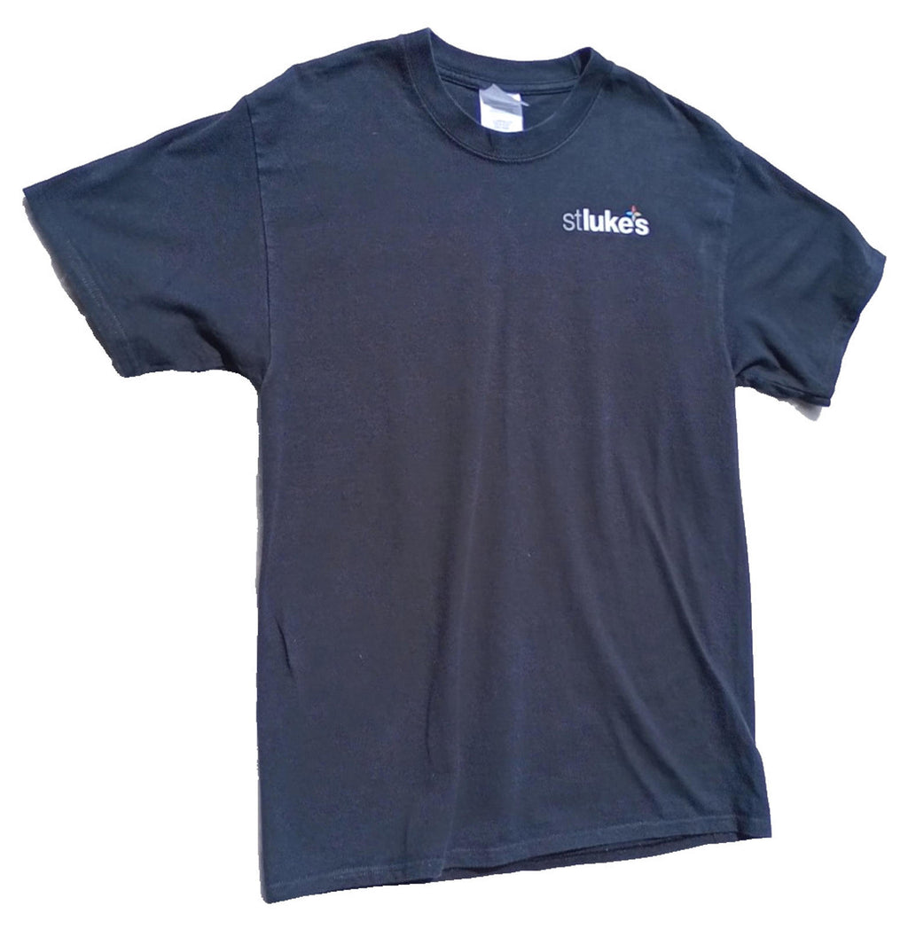 St Luke's Print T-Shirt Women's UK Size M Black Crew Neck Cotton Double Sided
