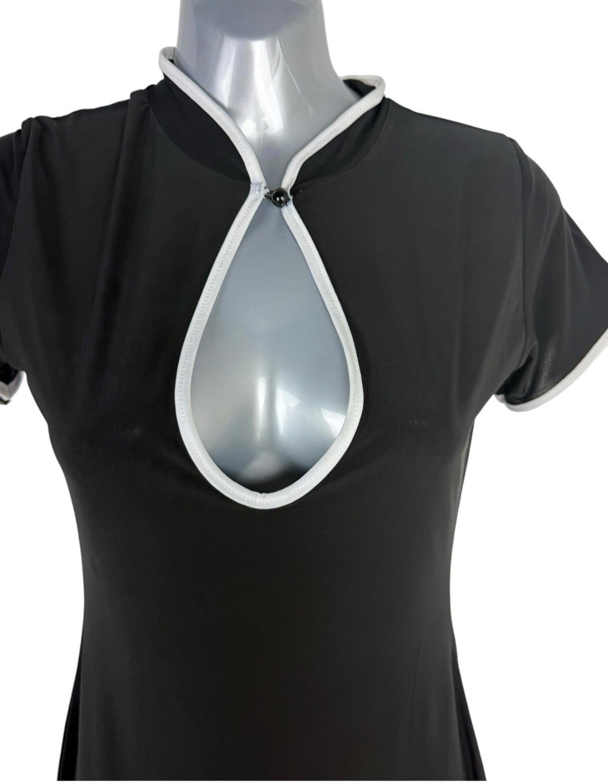 Global Black Mini Dress White Trim Low Cut Side Slit Women’s UK Size 8