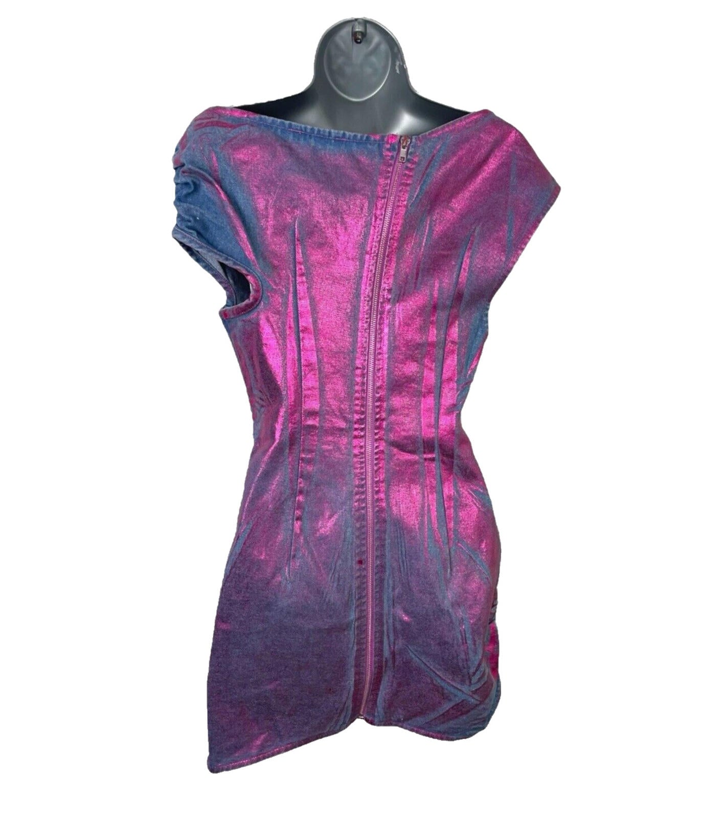 Denim Mini Dress Women’s UK Size XS Purple Coated Metallic Distressed Look Y2K