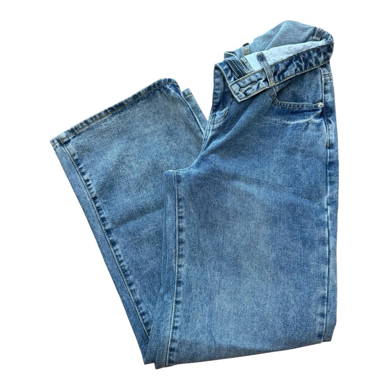 Pretty Little Thing Jeans Fold Over Front Mid Rise Wide Leg Women’s UK Size 10