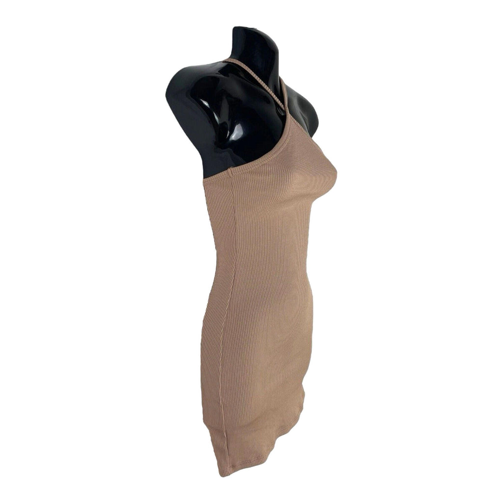 Pull&Bear Tan Ribbed Mini Dress Cross Neck Women’s UK Size XS