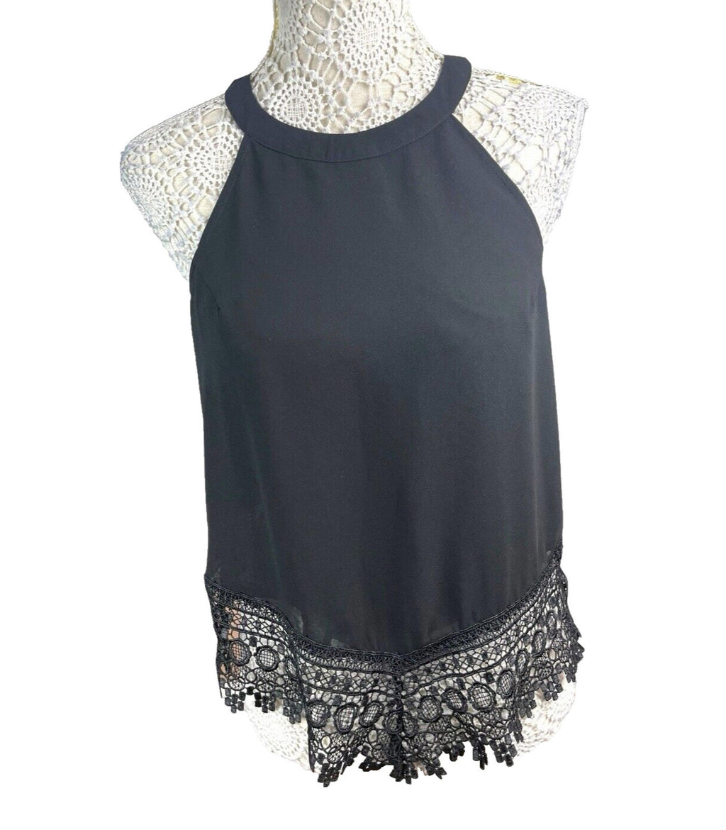 Crochet Hem High Neck Chiffon Tank Women’s UK Size 12 Black Halter Sleeveless
